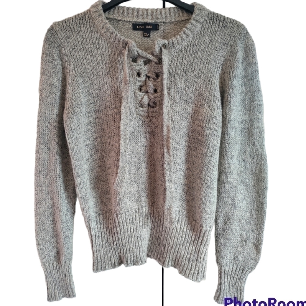 Love Tree knit sweater tied v neck size Large beige/gray/brown